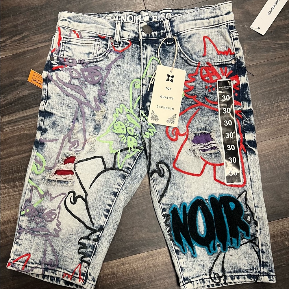 Maison Noir  Blue and Red Jean Shorts with Urban Graffiti Style